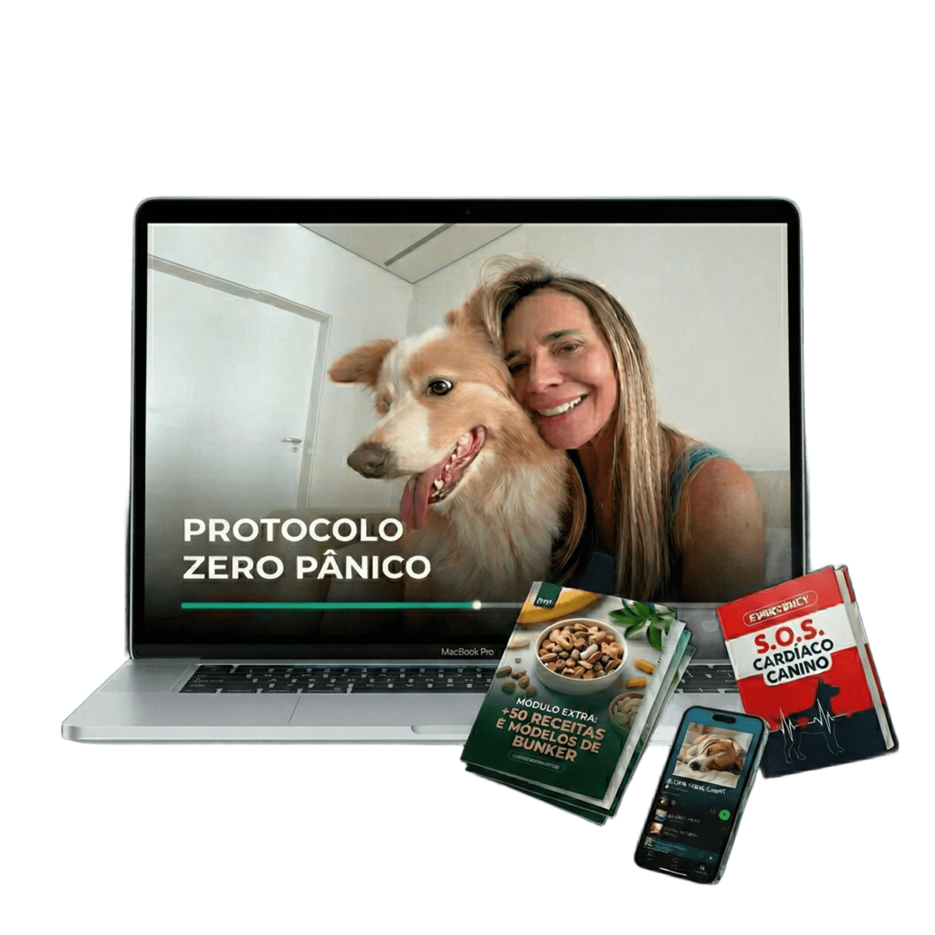 3D mockup of the complete Protocolo Zero Pânico product bundle, including the main guide, audio playlist, and emergency manual.